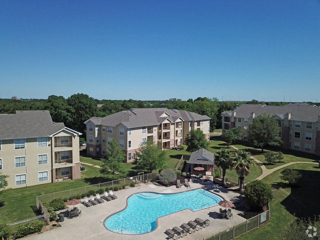 Arial view of front pool and surrounding buildings
