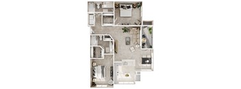 a 3d rendering of a floor plan with bedrooms and a living room