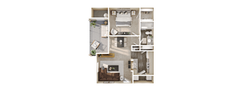 a 3d rendering of a bedroom with a living room and a bed