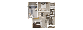 a 3d rendering of a floor plan with a bedroom and living room