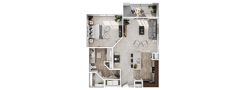 a rendering of the 1 bedroom floor plan of our apartments