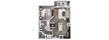 the 1 bedroom floorplan of a 1 bedroom apartment with a bathroom and a balcony