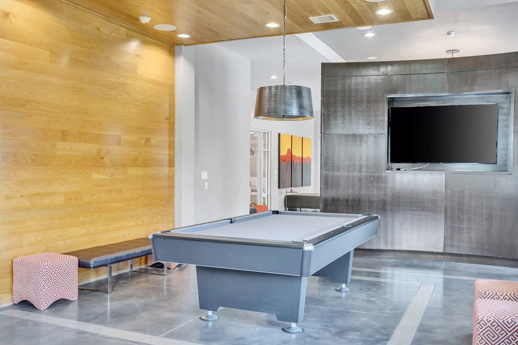 a game room with a pool table and a tv