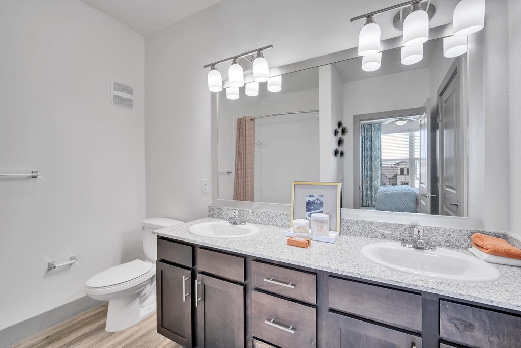 a bathroom with two sinks and a mirror and a toilet