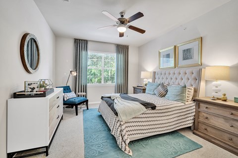 Bedroom with tufted headboard and blue accents at Clearwater Creek Apartments, Richardson