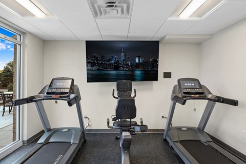 two treadmills and a tv in a gym room
