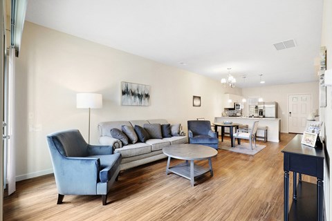 a living room with a couch and a table