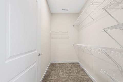 a spacious closet with white closets and white doors and carpet