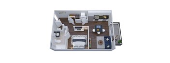 A 3D floor plan of a house with a living room, kitchen, and bathroom.