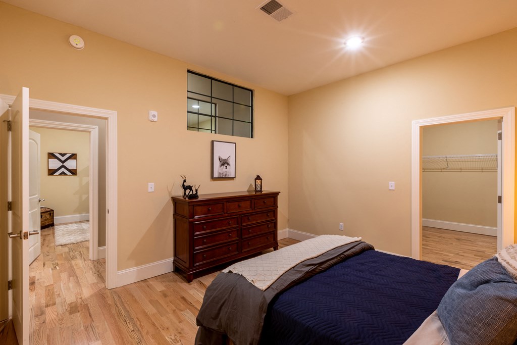 a bedroom with a bed and a dresser and a closet