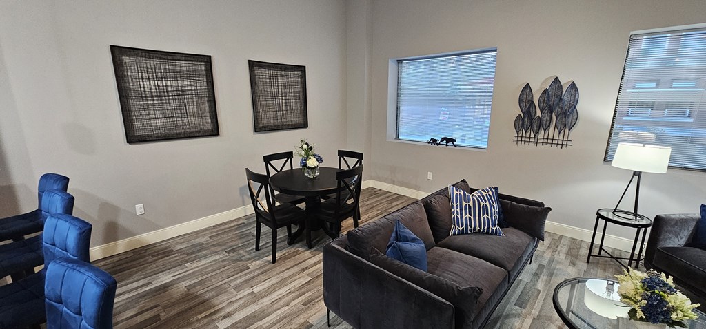 a living room with a couch and a table