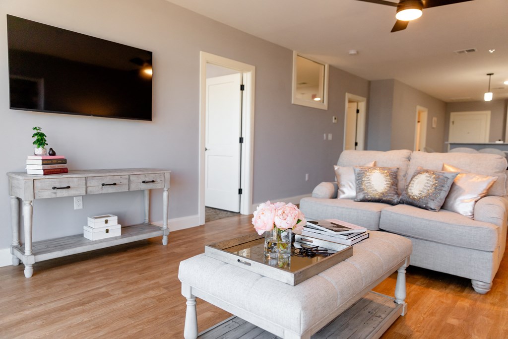 a living room with a couch and a coffee table
