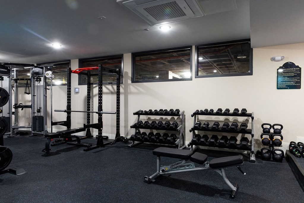 a gym with weights and dumbbells on the wall