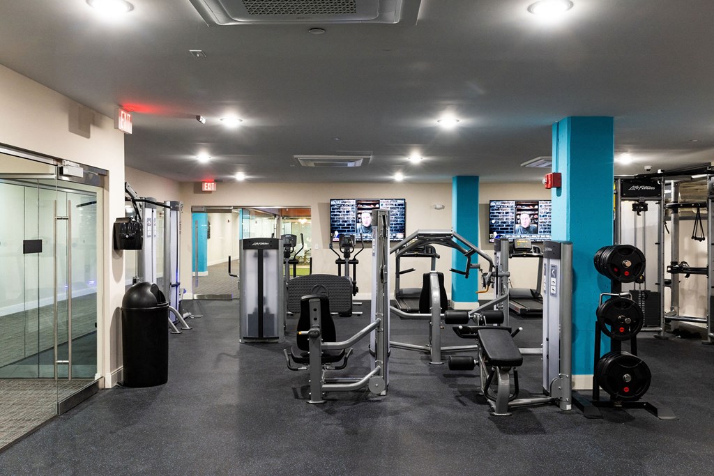 a gym with cardio machines and weights on the floor and a glass wall