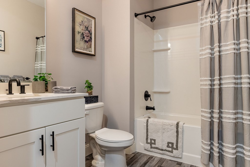 A bathroom with a toilet, sink, and shower.