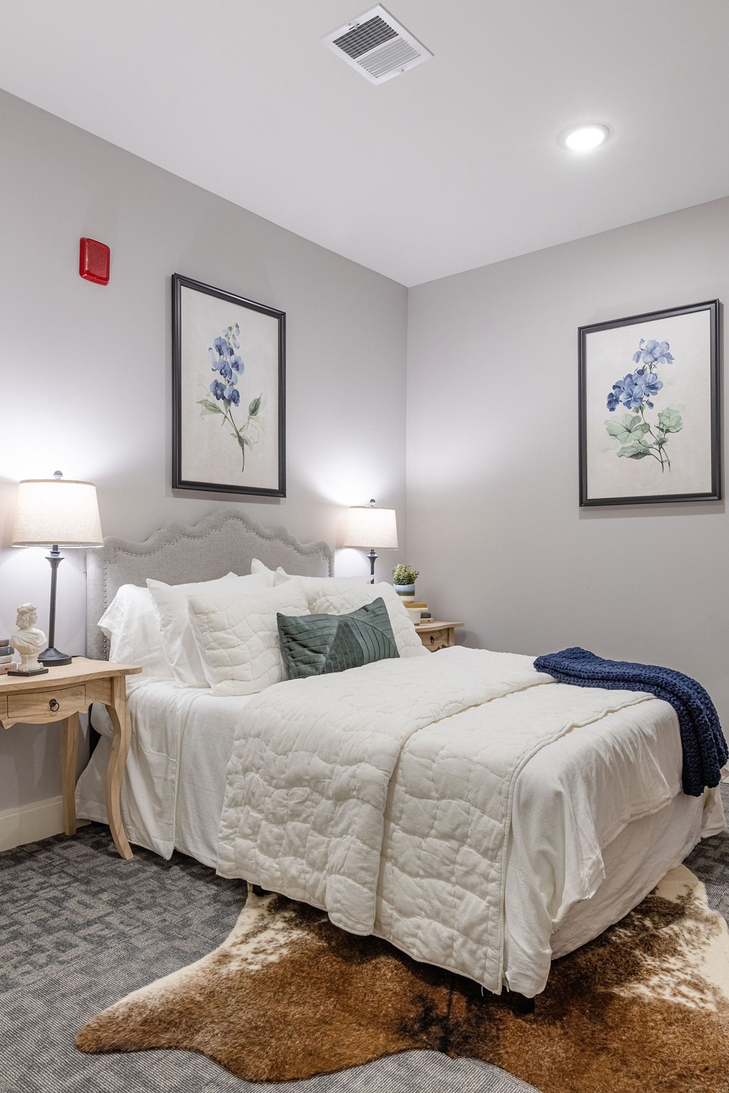 A bedroom with a white bed and a brown rug.