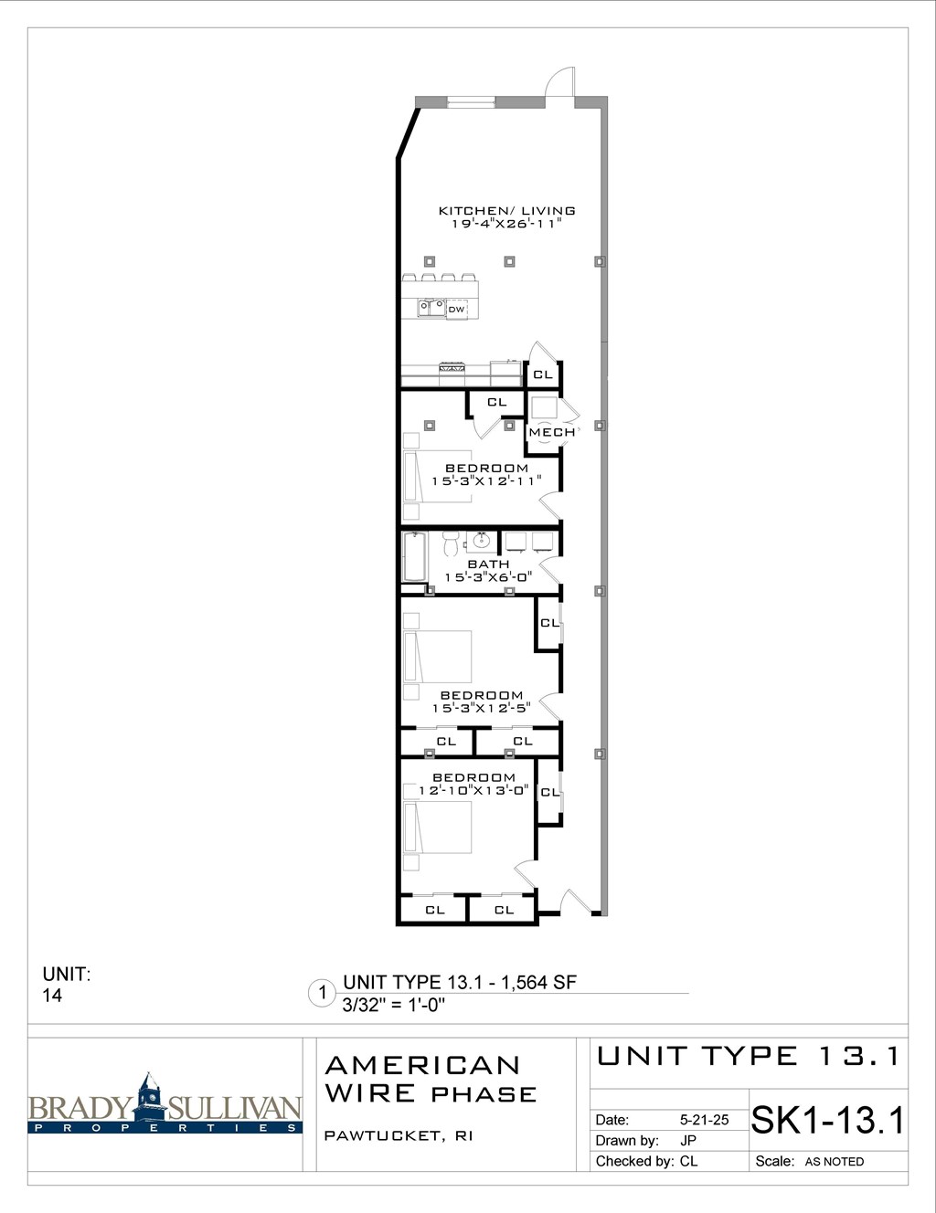 A floor plan for a kitchen/living room with a unit type of 13.1 - 1564 SF.