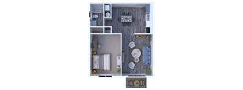 A top-down view of a small apartment with a living room, kitchen, and bedroom.