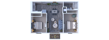 A top-down view of a small apartment with a kitchen, living room, and bedroom.