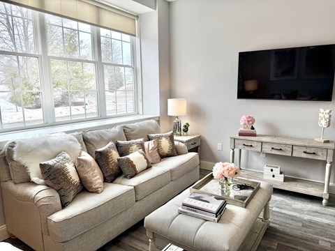 A living room with a grey couch, a coffee table, and a large window.