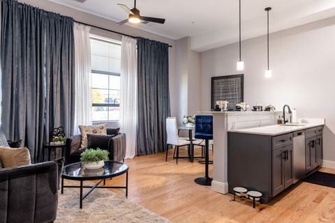 A modern kitchen with a dining area and a living room.