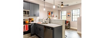A kitchen with a black counter top and a white sink.