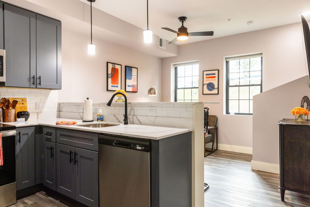 A kitchen with a dishwasher and a sink.