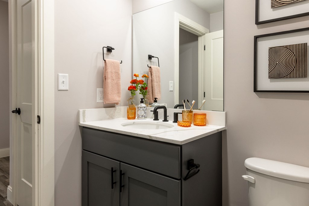 A bathroom with a white counter top and a black cabinet.