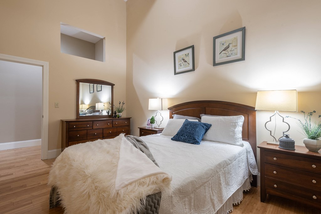 a bedroom with a bed and two dressers and a mirror