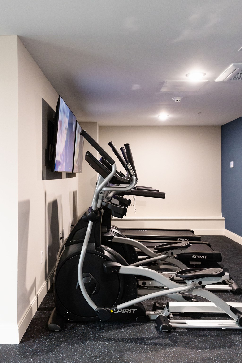 A row of stationary bikes are lined up in a room.