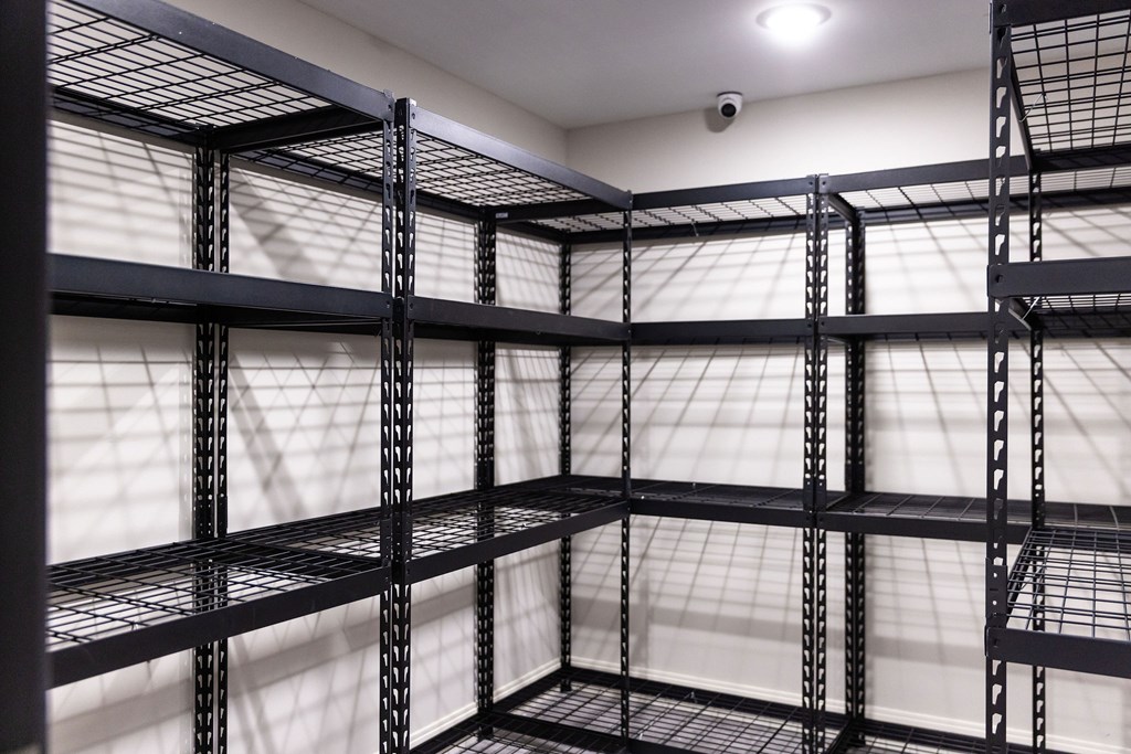 A series of black metal shelving units are lined up in a room.