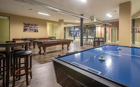 a games room with a pool table and a billiard table