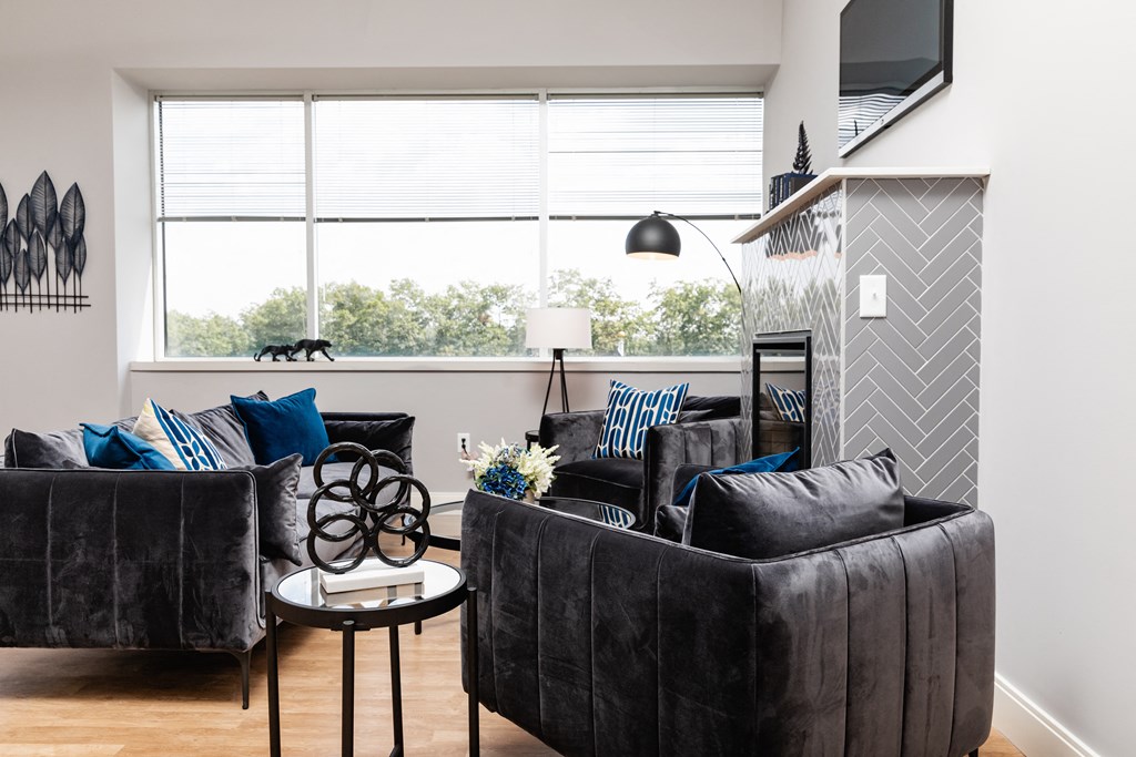 a living room with two couches and a coffee table