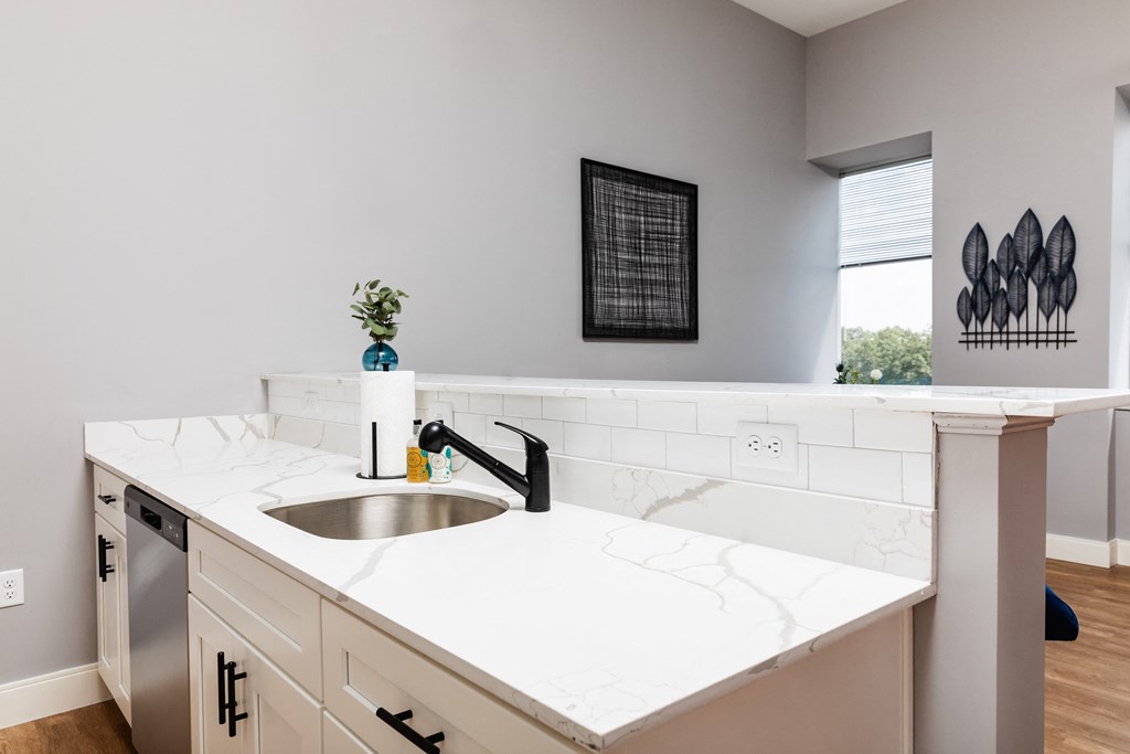 a kitchen with white cabinets and a white counter top with a sink and dishwasher