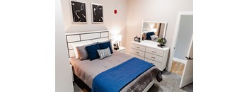 a bedroom with a bed and a dresser with a mirror