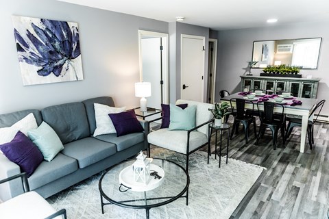 a living room and dining room with a couch and chairs and a table with a chair and