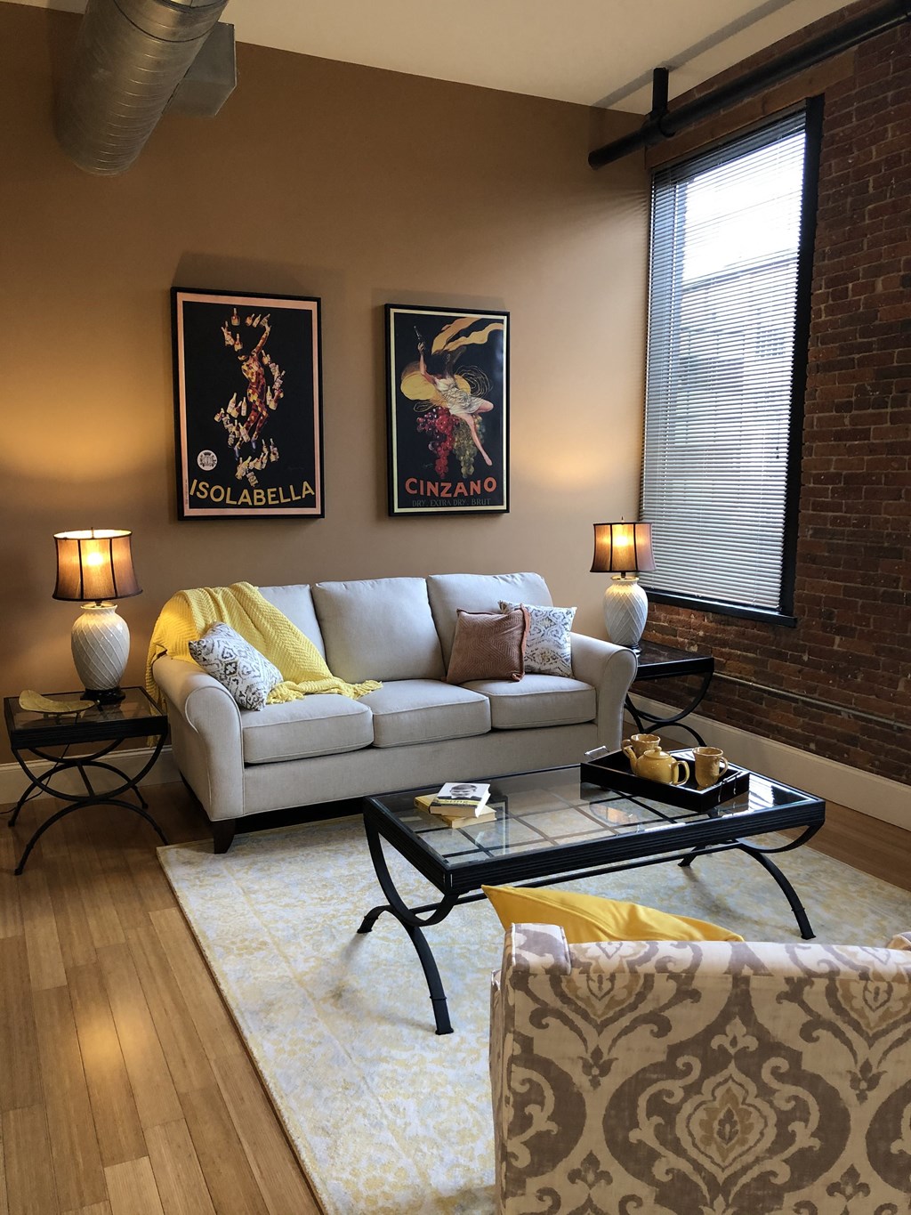 a living room with a couch and a coffee table