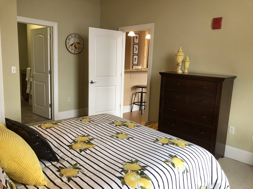 a bedroom with a bed and a dresser and a bathroom