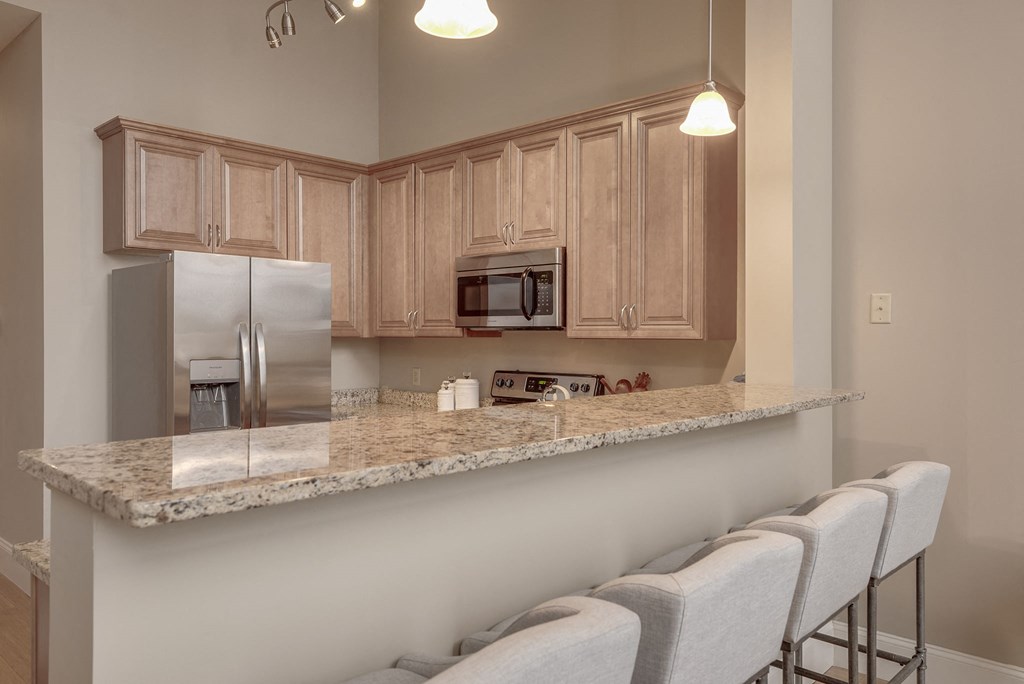 a kitchen with a granite counter top and stainless steel appliances