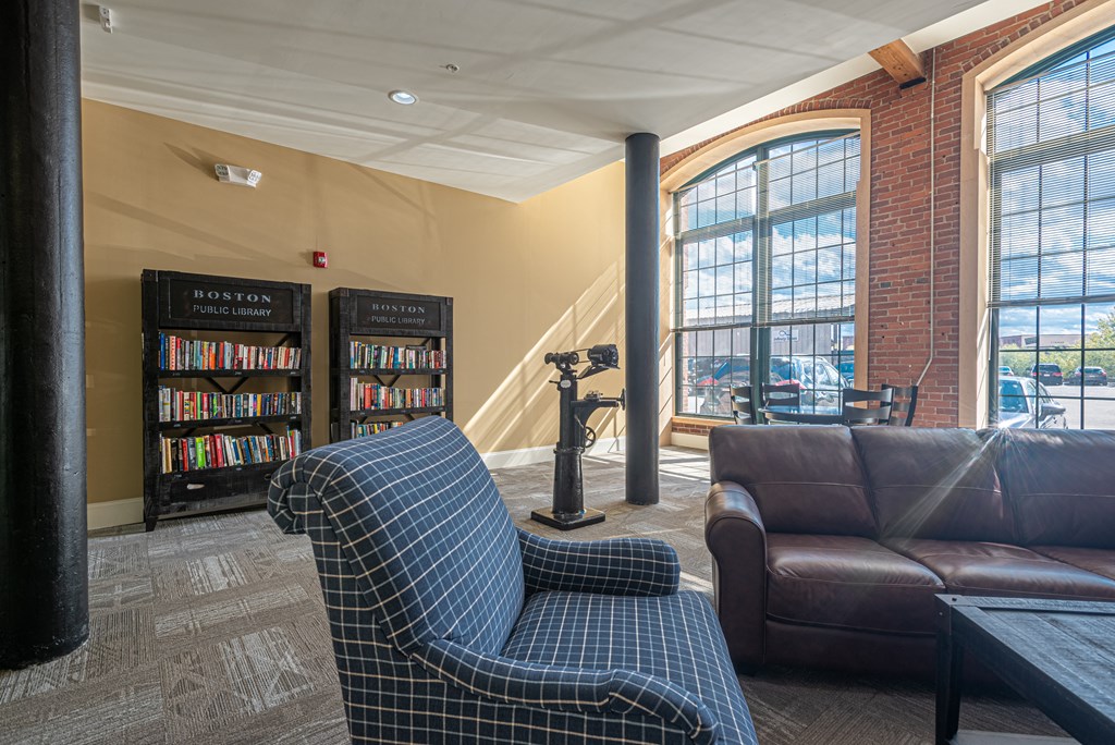 a living room with couches and a bookshelf filled with books