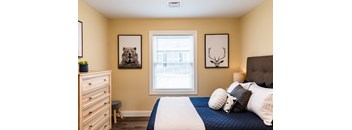 a bedroom with a bed and a dresser in front of a window