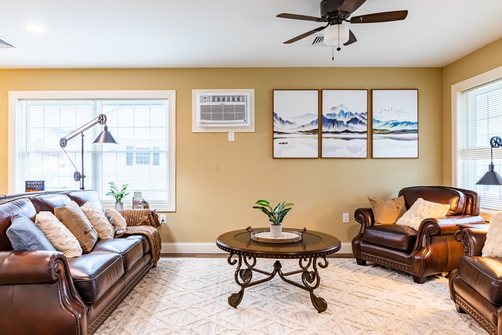 a living room filled with furniture and a ceiling fan