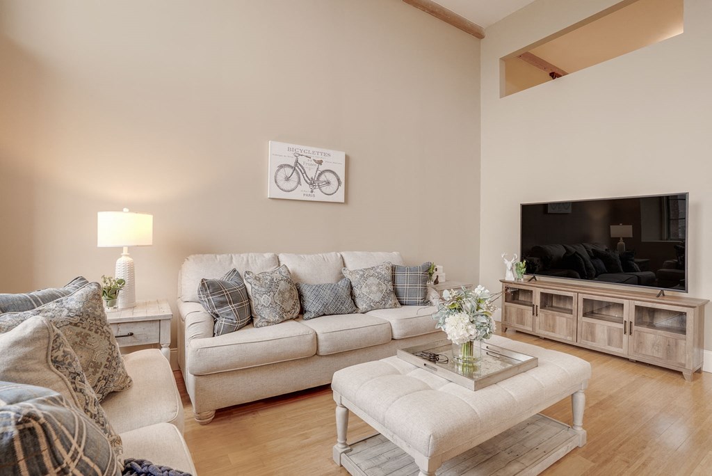 a living room with a couch and a coffee table and a television