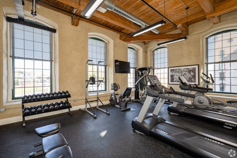 A gym with a row of dumbbells on the left and a treadmill on the right.