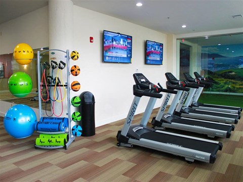A gym with treadmills, exercise balls, and other equipment.