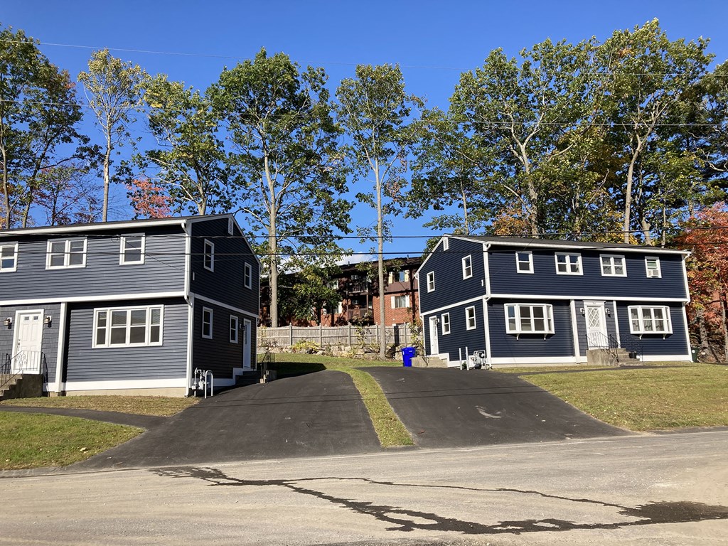 two blue houses on the side of a road