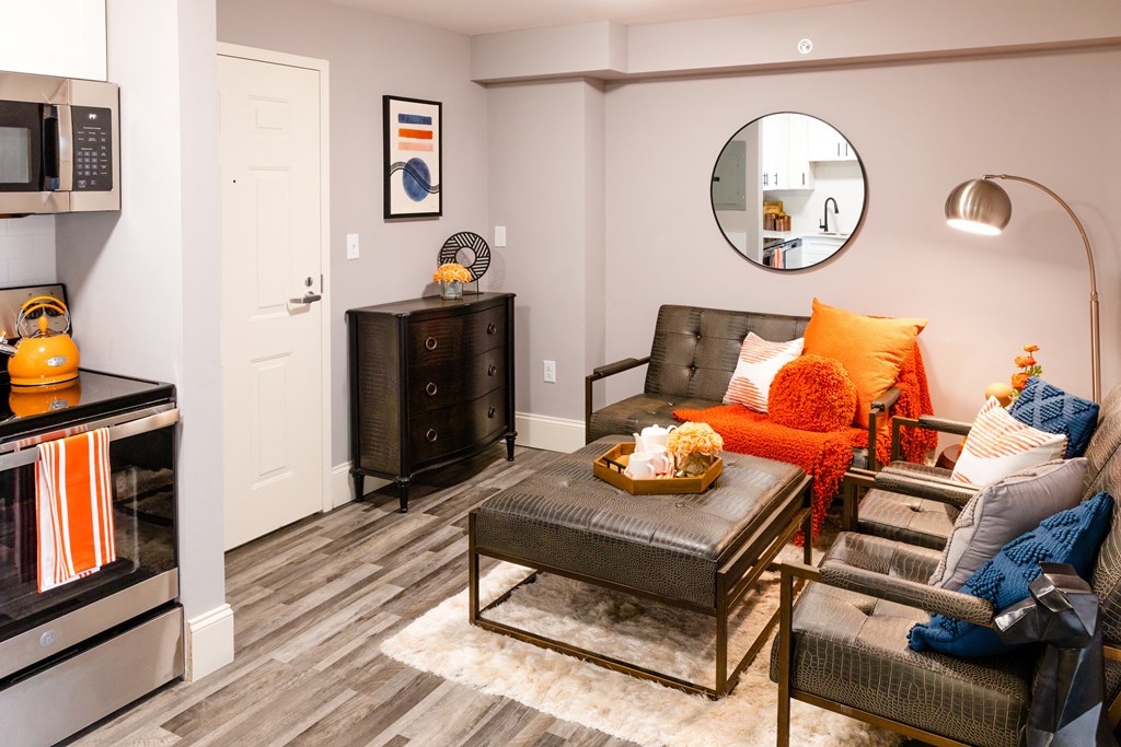 a living room with a couch and a coffee table