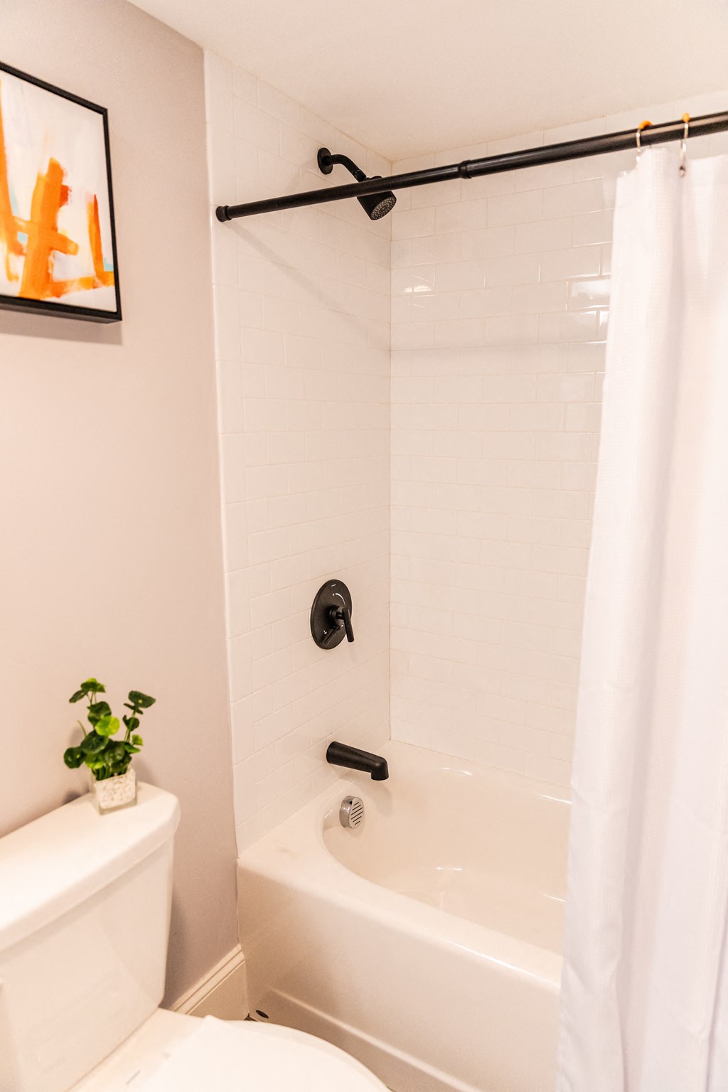 a bathroom with a white tub and a toilet and a shower curtain
