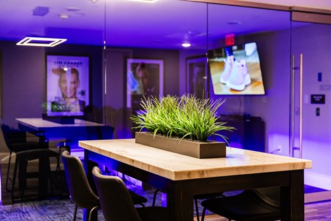 a dining room with a table with a plant on top of it