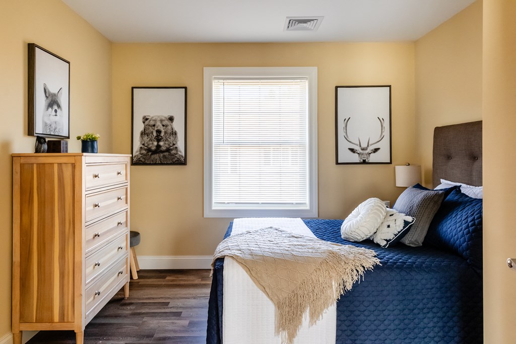 a bedroom with a bed and a dresser and a window